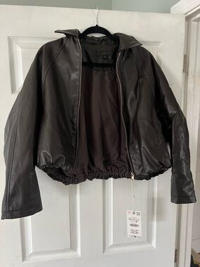 Zara Brown leather Cropped Jacket with Elastic Hem